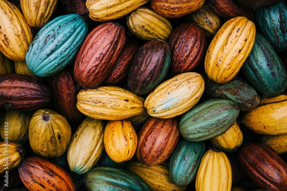 A Collection of Ripe Cocoa Pods in Various Shades of Yellow, Brown, and Green