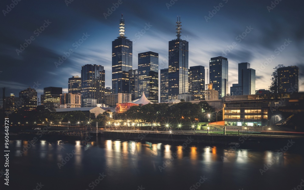 Melbourne City Skyline at Dusk with Ample Space for Text Melbourne City Skyline at Dusk with Ample Space for Text