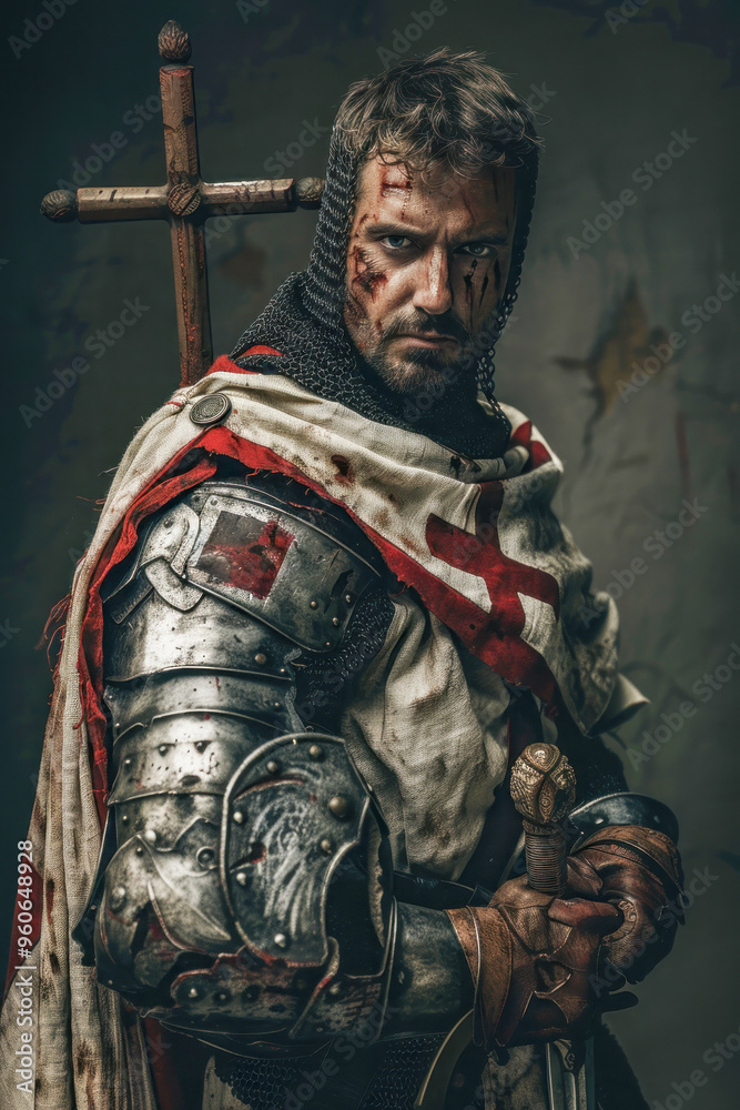 Fototapeta premium Battle-worn Templar knight in chainmail and helmet