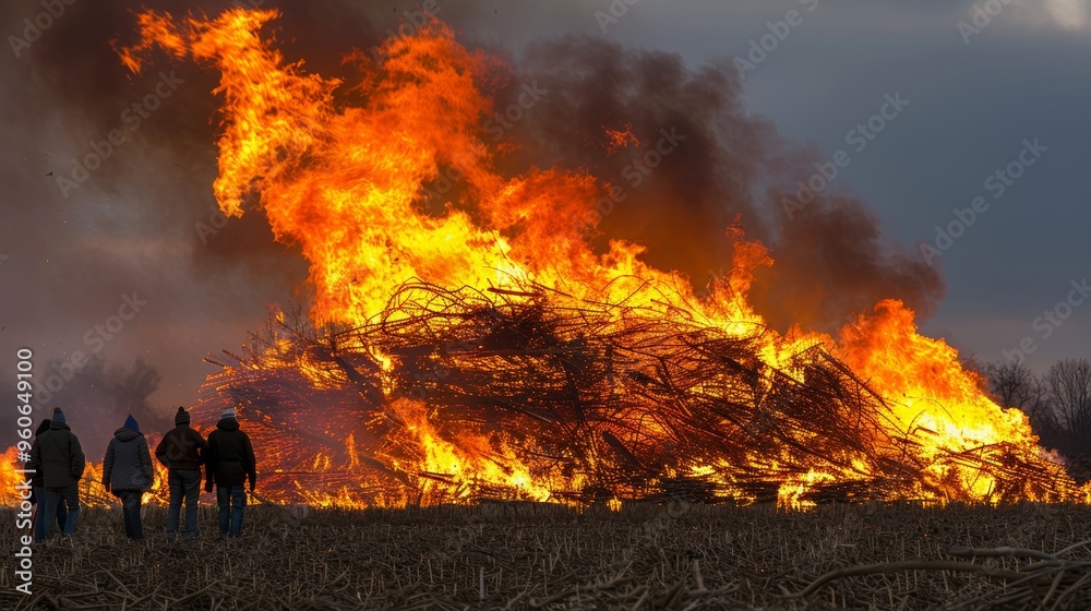 Diverse crowd lighting enormous bonfire in vast field setting ablaze in spectacular display Diverse crowd lighting enormous bonfire in vast field setting ablaze in spectacular display