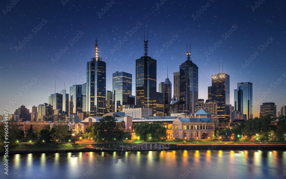 Obraz premium Melbourne City Skyline at Dusk with Ample Space for Text