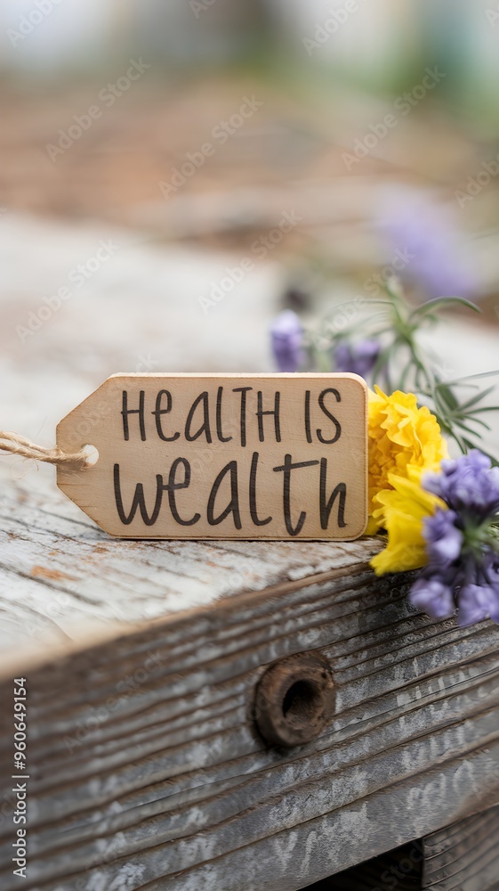 Naklejka premium Wooden tag reading Health is Wealth, next to yellow and purple flowers, evokes wellness Vertical Mobile Wallpaper