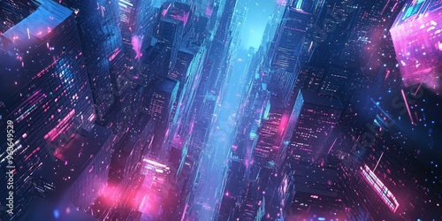 Neon lights illuminate futuristic city skyline.