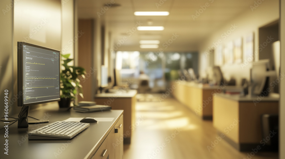The picture shows a blurry, gentle view of a nurse's workspace in a new hospital.