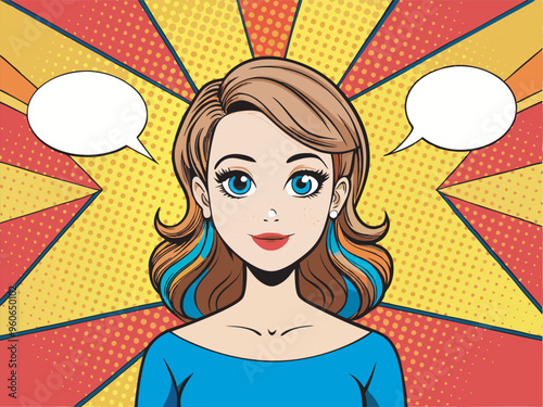 OMG! Pop art cloud bubble. Wow, what, ok, funny speech bubble. Trendy Colorful retro vintage background in pop art retro comic style.. Girl illustration.eps