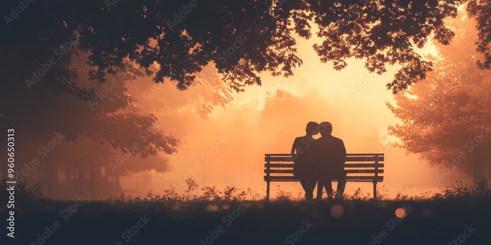 Silhouetted couple sitting on a bench at sunset. Silhouetted couple sitting on a bench at sunset.