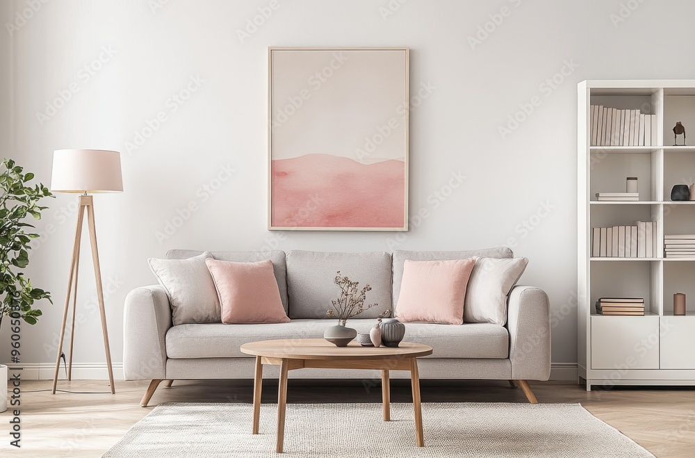 Obraz premium Minimalist living room with a sofa, bookcase, and coffee table in light gray tones
