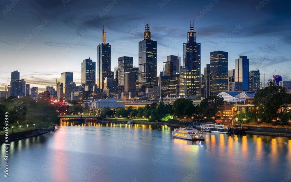 Fototapeta premium Melbourne City Skyline at Dusk with Ample Space for Text