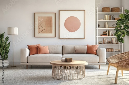 Minimalist living room with a sofa, bookcase, and coffee table in light gray tones