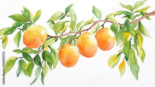 Vibrant watercolor illustration of oranges hanging on a branch with lush green leaves, perfect for nature-themed designs. photo