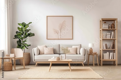 Minimalist living room with a sofa, bookcase, and coffee table in light gray tones