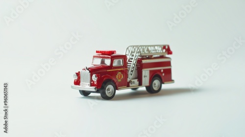 Medium shot of vintage toy fire engine with extendable ladder on white background