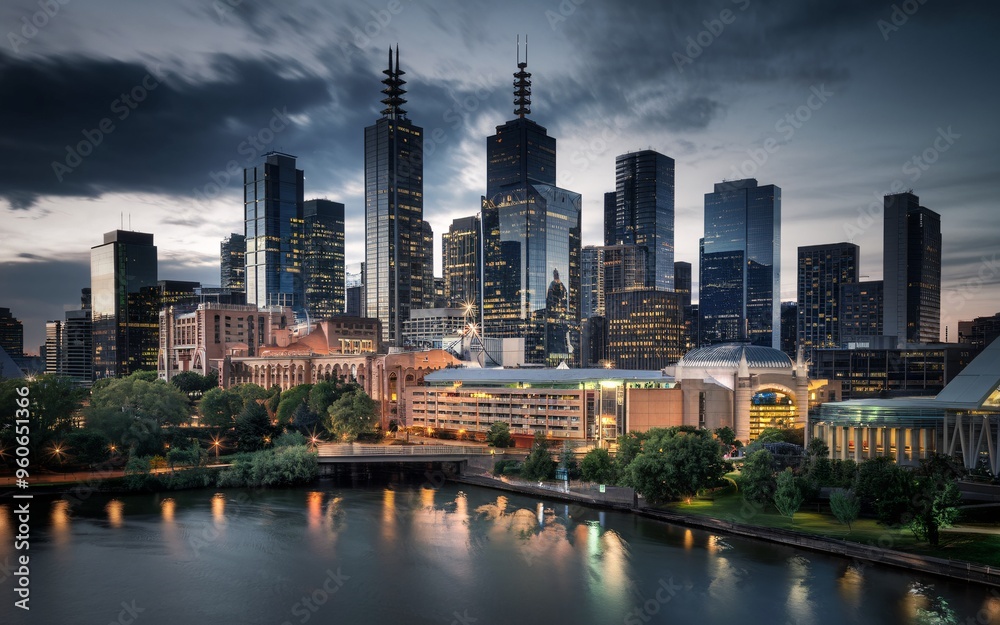 Obraz premium Melbourne City Skyline at Dusk with Ample Space for Text