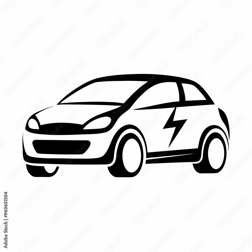 Black and white electric car icon, sustainable transport and eco-friendly vehicles Black and white electric car icon, sustainable transport and eco-friendly vehicles