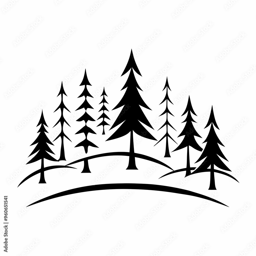 Obraz premium Black and white forest on hill icon, nature and environmental conservation symbol