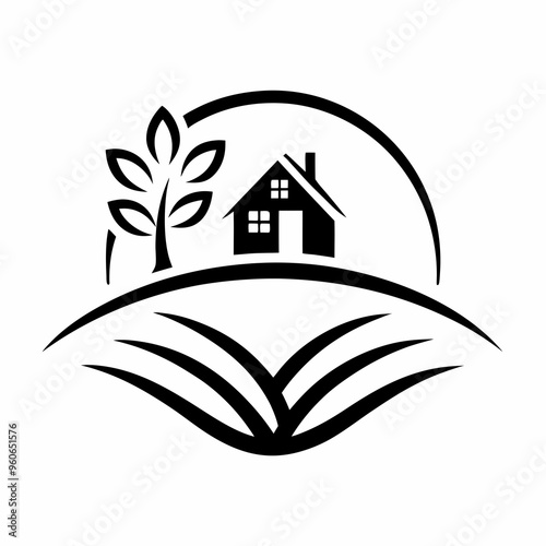 Eco house logo with tree and field, minimalistic black and white icon, sustainable living