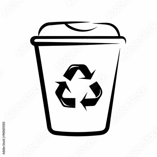 Recycling bin icon, black and white eco-friendly waste disposal symbol