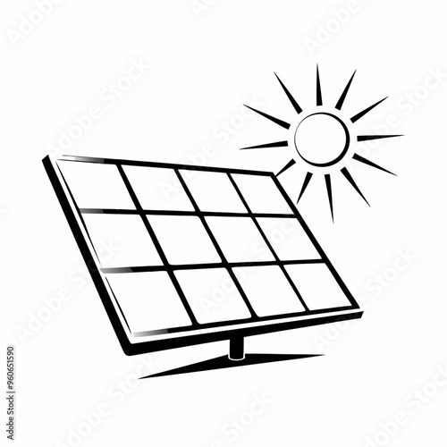 Black and white solar panel icon with sun, renewable energy and eco-friendly power source symbol