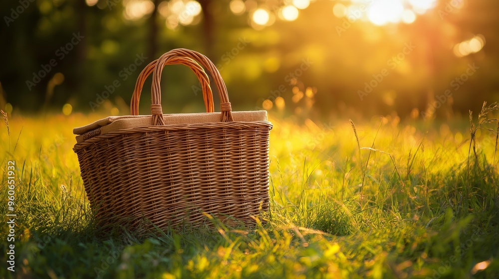 wicker brown picnic basket placed in a lush meadow wicker brown picnic basket placed in a lush meadow