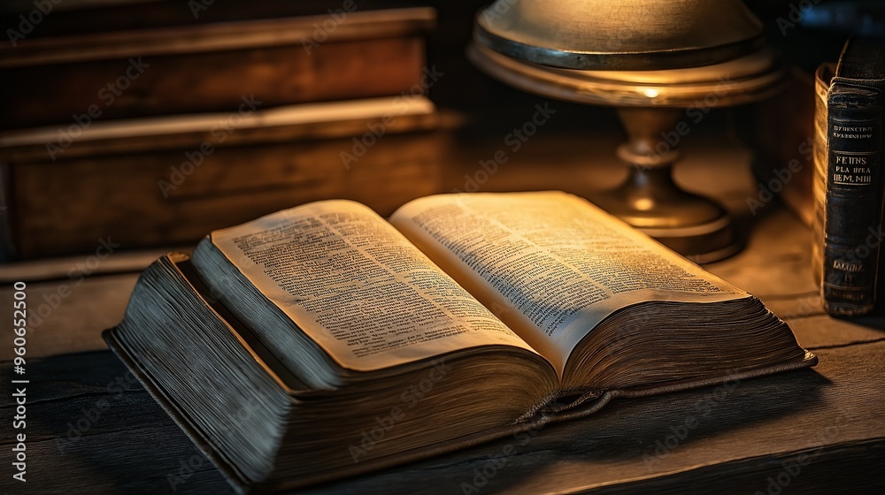 Obraz premium old, brown book open on a wooden desk, with pages illuminated by a soft, warm lamplight