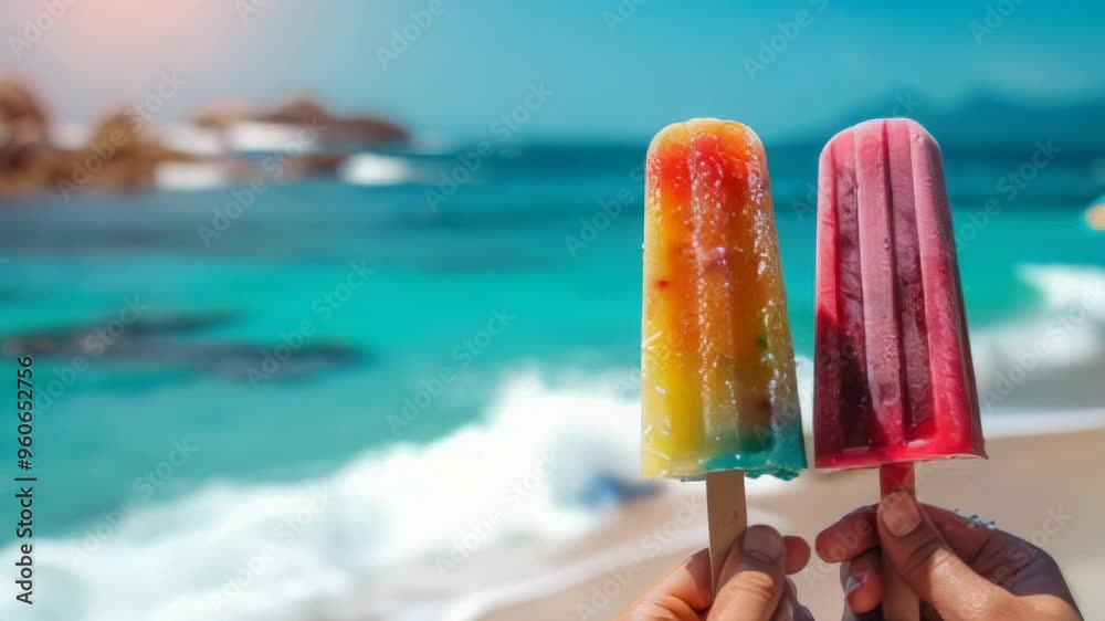 Vibrant popsicles floating with a colorful bokeh background. Ideal for summer and refreshment concepts.