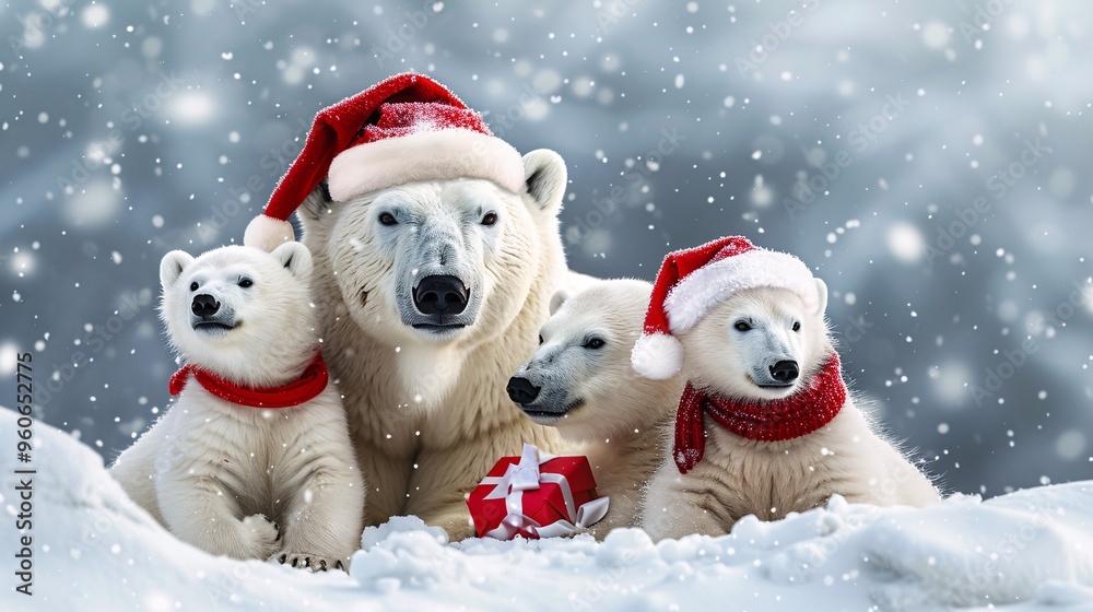Polar Bear Family in Christmas Hats and Snow Polar Bear Family in Christmas Hats and Snow