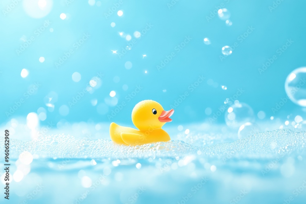 A cheerful yellow rubber duck glides effortlessly through clear, sparkling water, surrounded by soft bubbles that add to the delightful ambiance A cheerful yellow rubber duck glides effortlessly through clear, sparkling water, surrounded by soft bubbles that add to the delightful ambiance