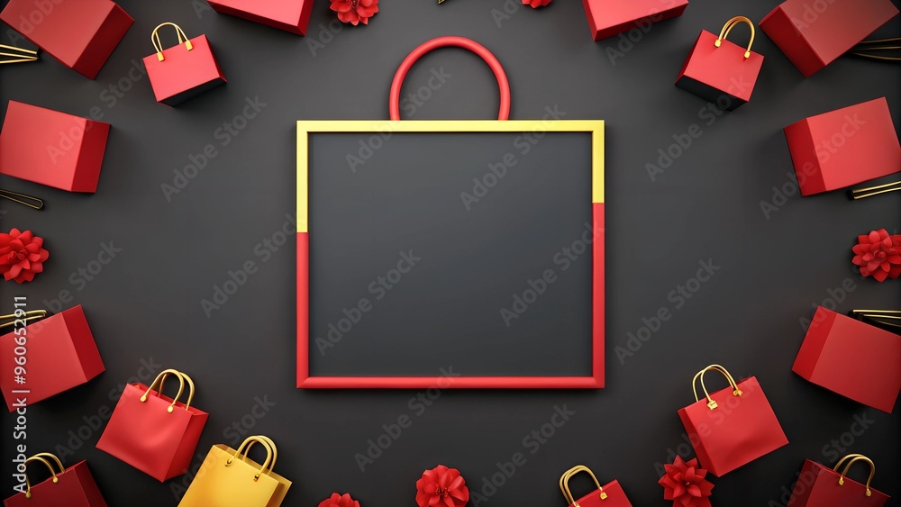 Blank rectangular space in the middle surrounded by colorful red and yellow shopping bags for Black Friday sales Blank rectangular space in the middle surrounded by colorful red and yellow shopping bags for Black Friday sales