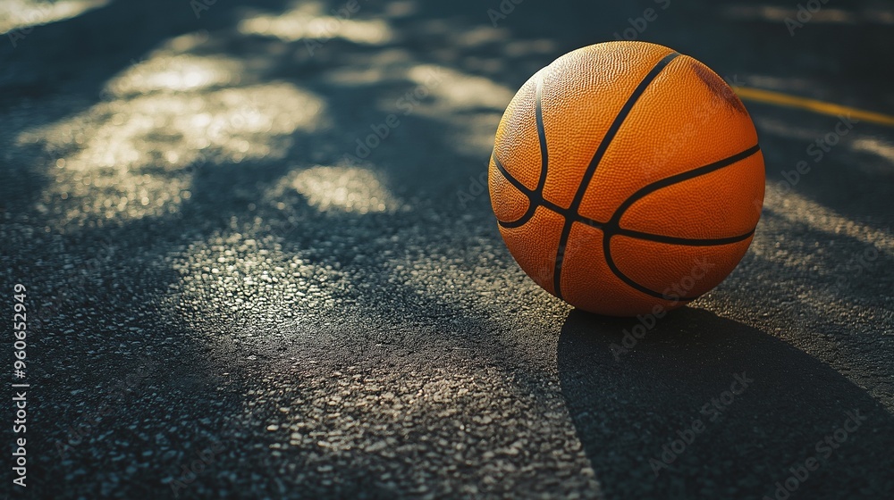 An orange basketball on the asphalt of an urban court An orange basketball on the asphalt of an urban court