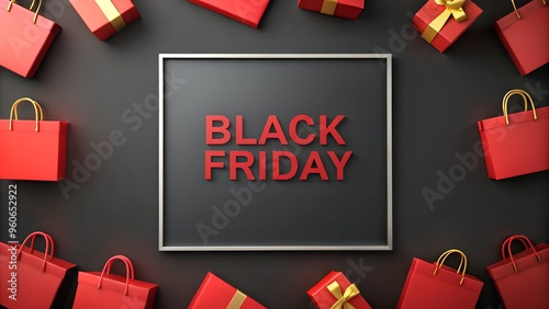 Shopping-themed Black Friday template with black space in the center and words Black Friday and colourful bags around