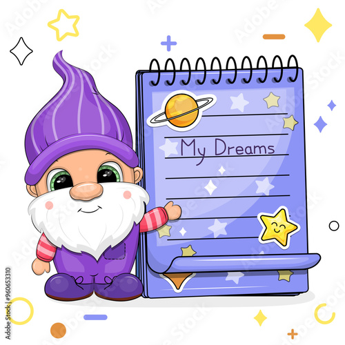 A cute cartoon gnome with a blue notebook with stickers. Vector illustration of a dwarf man on a white background with stars, circles.