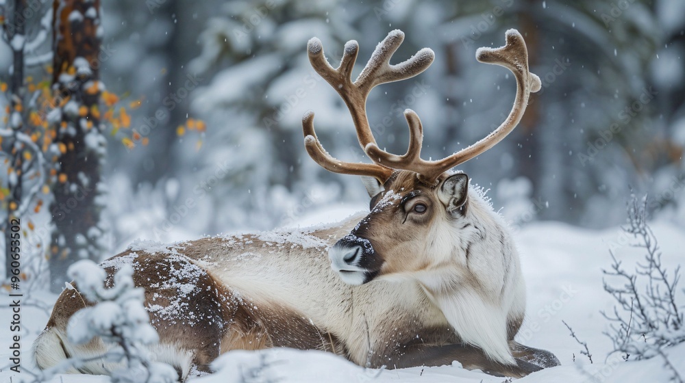 Fototapeta premium Reindeer Resting in a Snowy Forest