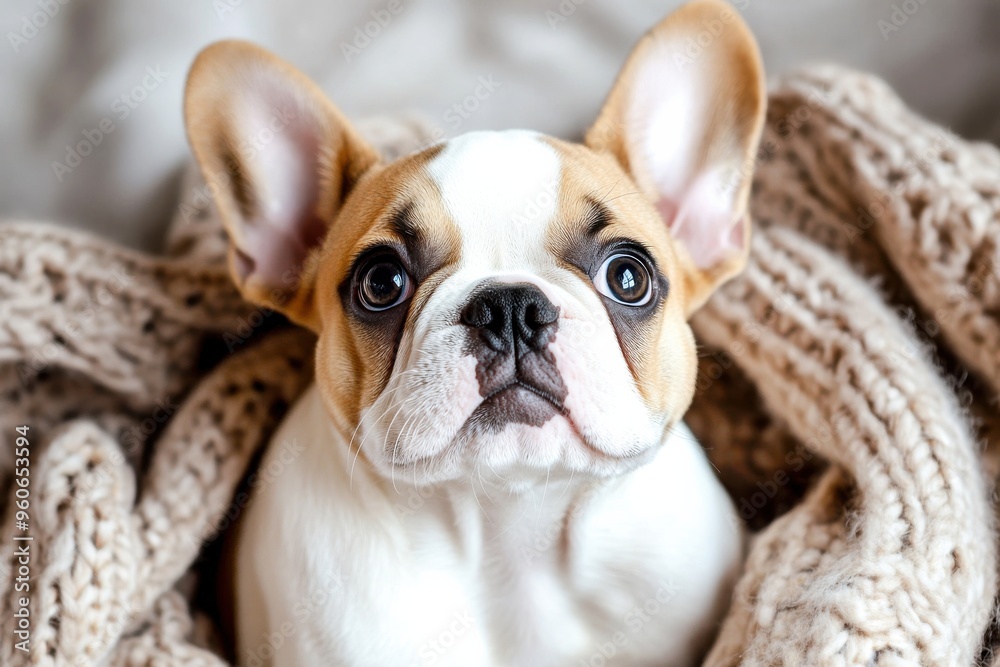 A delightful French Bulldog puppy relaxes in a cozy knitted blanket with curious eyes, embodying the spirit of warmth and companionship indoors A delightful French Bulldog puppy relaxes in a cozy knitted blanket with curious eyes, embodying the spirit of warmth and companionship indoors