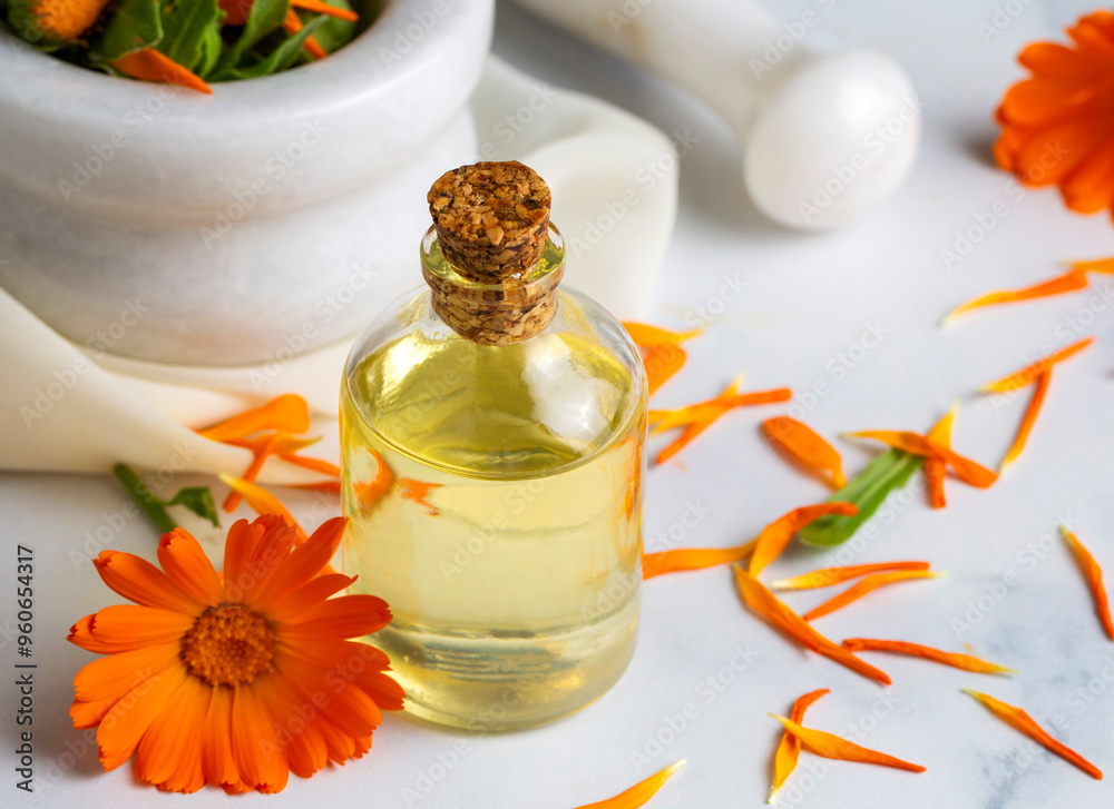 Herbal calendula officinalis in the glass and drop oil. Calendula oil.