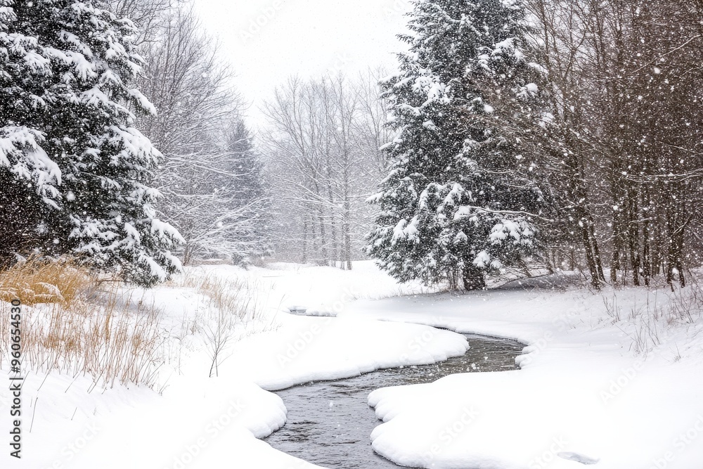Fluffy snowflakes gently fall on a serene winter landscape, where a meandering stream reflects the snowy tranquility of the forest beyond Fluffy snowflakes gently fall on a serene winter landscape, where a meandering stream reflects the snowy tranquility of the forest beyond