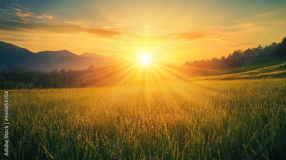 Spectacular sunrise over distant mountains, sun rays spreading across a vast meadow, dew-kissed grass glistening in the early light, serene morning landscape symbolizing new beginnings - Generative AI Spectacular sunrise over distant mountains, sun rays spreading across a vast meadow, dew-kissed grass glistening in the early light, serene morning landscape symbolizing new beginnings - Generative AI