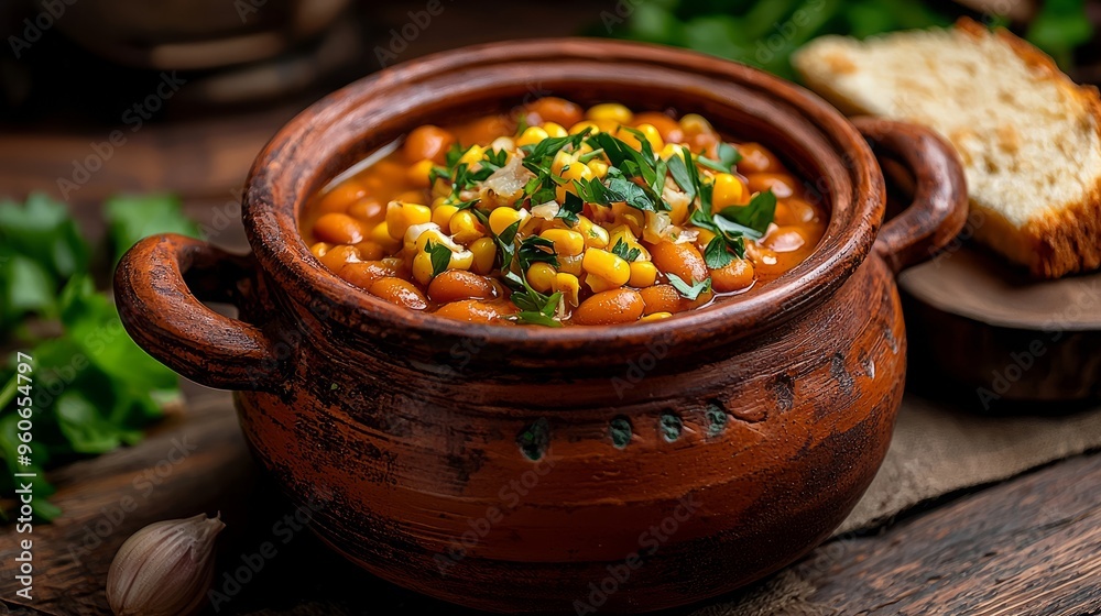 Native American Dish of Baked Beans with Cornbread and Honey in a Traditional Earthenware Pot Amid Natural Surroundings