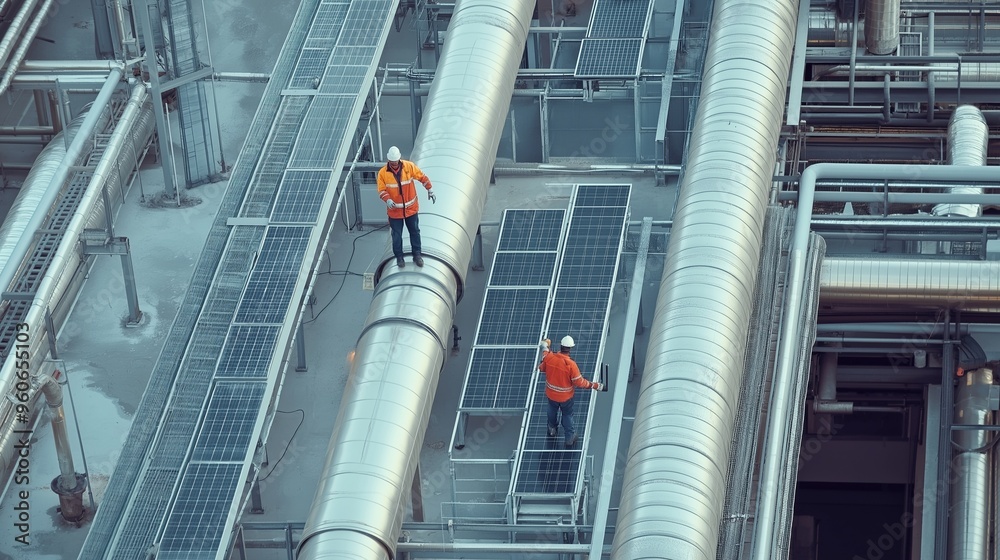 factory roof, with ventilation pipes, solar panels, and workers factory roof, with ventilation pipes, solar panels, and workers