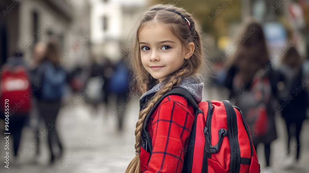 Niña con mochila de camino al colegio Niña con mochila de camino al colegio