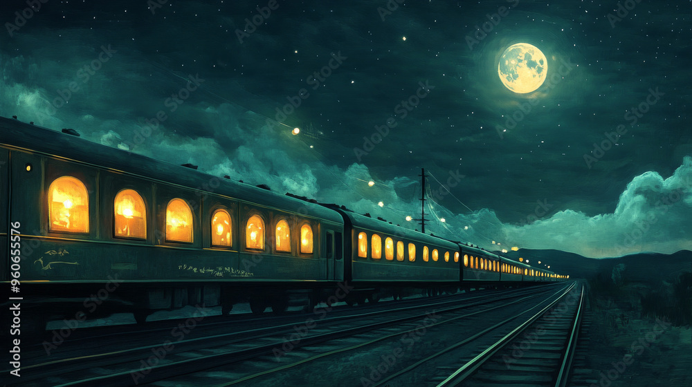 Illustrate a train traveling through the night, with warm lights glowing from the windows, and the moon and stars above, creating a sense of mystery and the allure of overnight travel. Illustrate a train traveling through the night, with warm lights glowing from the windows, and the moon and stars above, creating a sense of mystery and the allure of overnight travel.