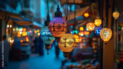 Sharm El Sheikh, Egypt - November 20, 2021: Multicolored traditional muslim lamps glowing at night at the market in the Soho Moll. Ramadan background. 