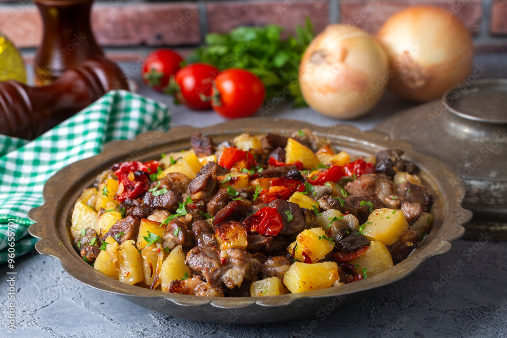 From Turkish cuisine; meat, vegetable kebab, casserole. Turkish name; Maras Tava or Kahramanmaras Tava - Orman Kebabi
