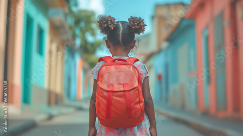 Niña con mochila de camino al colegio photo