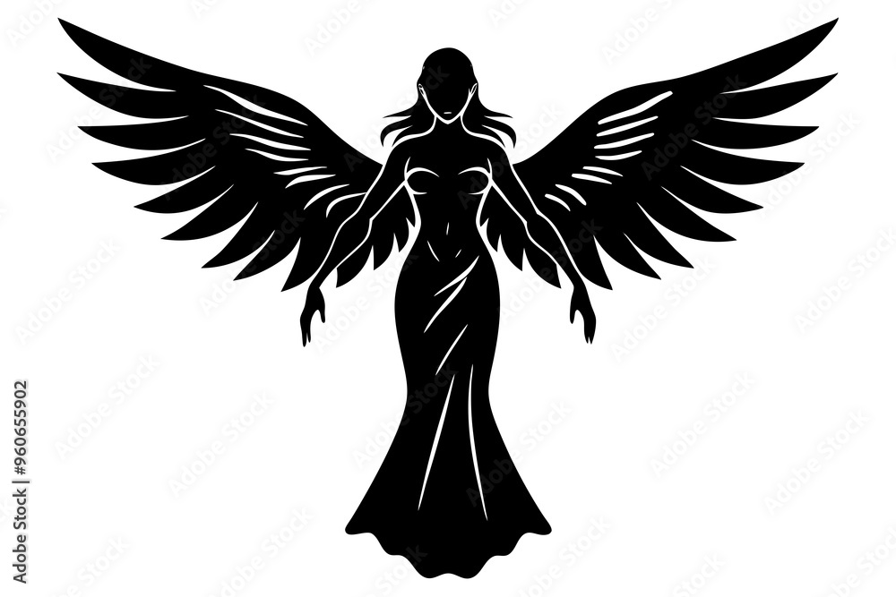 Black silhouettes of angels with large wings on a white background Black silhouettes of angels with large wings on a white background