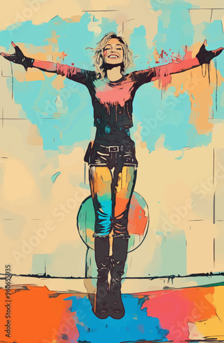 A vibrant street artist joyfully creating colorful graffiti, her clothes and body splattered with paint, expressing freedom and creativity in a dynamic urban art scene.