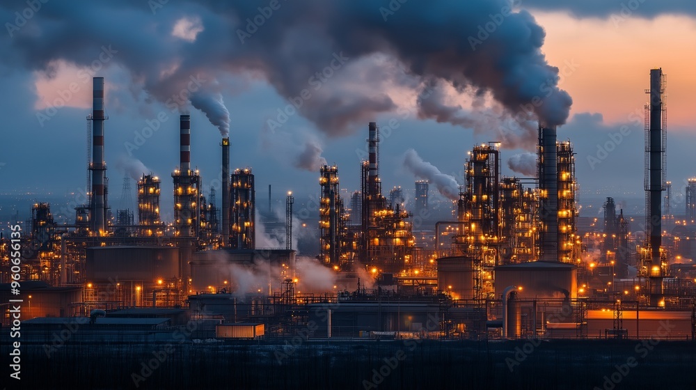 industrial area, with illuminated factories