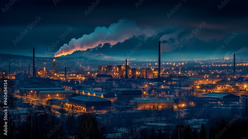 industrial area, with illuminated factories industrial area, with illuminated factories