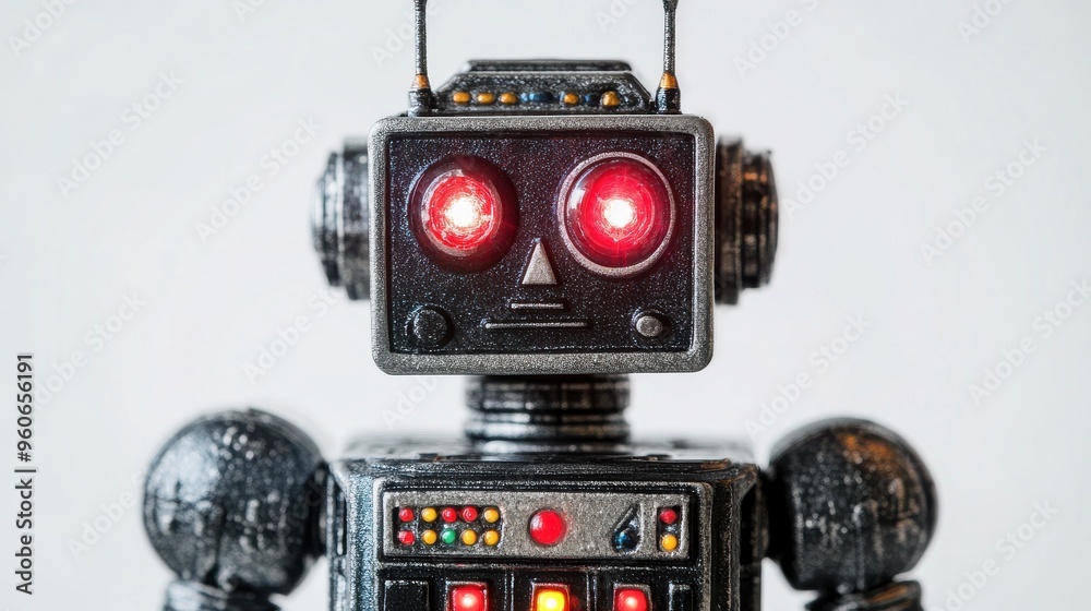 Fototapeta premium Modern Toy Robot with LED Lights in Low-Angle Shot | Toy Robot Image