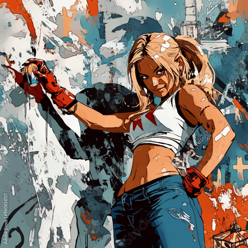 A vibrant street artist joyfully creating colorful graffiti, her clothes and body splattered with paint, expressing freedom and creativity in a dynamic urban art scene.