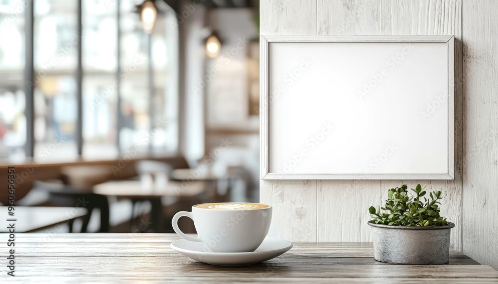 A Cup of Coffee with Latte Art on a Rustic Wooden Table in a Cafe Setting A Cup of Coffee with Latte Art on a Rustic Wooden Table in a Cafe Setting